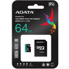 Adata karta pamięci microsd premier pro 64gb uhs1 u3 v30 a2 + adapter - ogłoszenia A6.pl